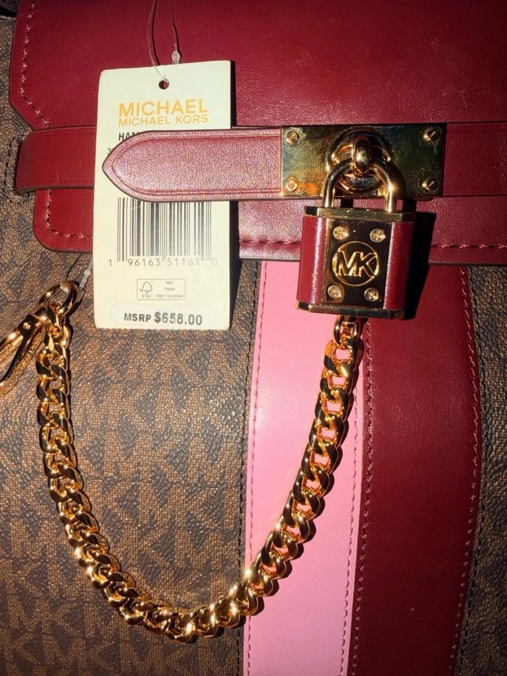 Michael Kors Brown Monogram Satchel with Pink & Burgundy Accents